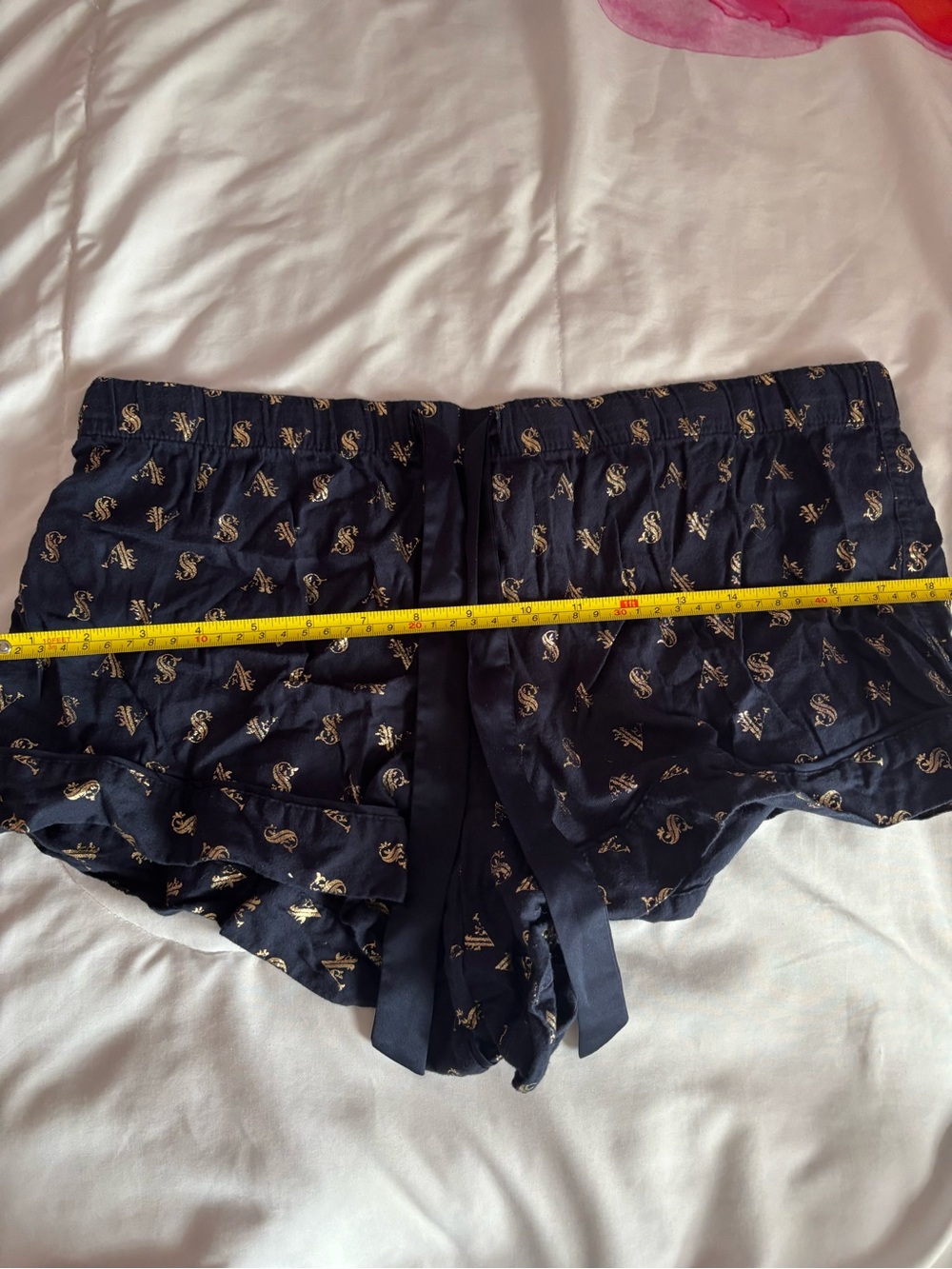 Victoria's Secret Large Navy Gold Monogram Cotton Pajama Sleep Shorts Tie Waist - Picture 8 of 13